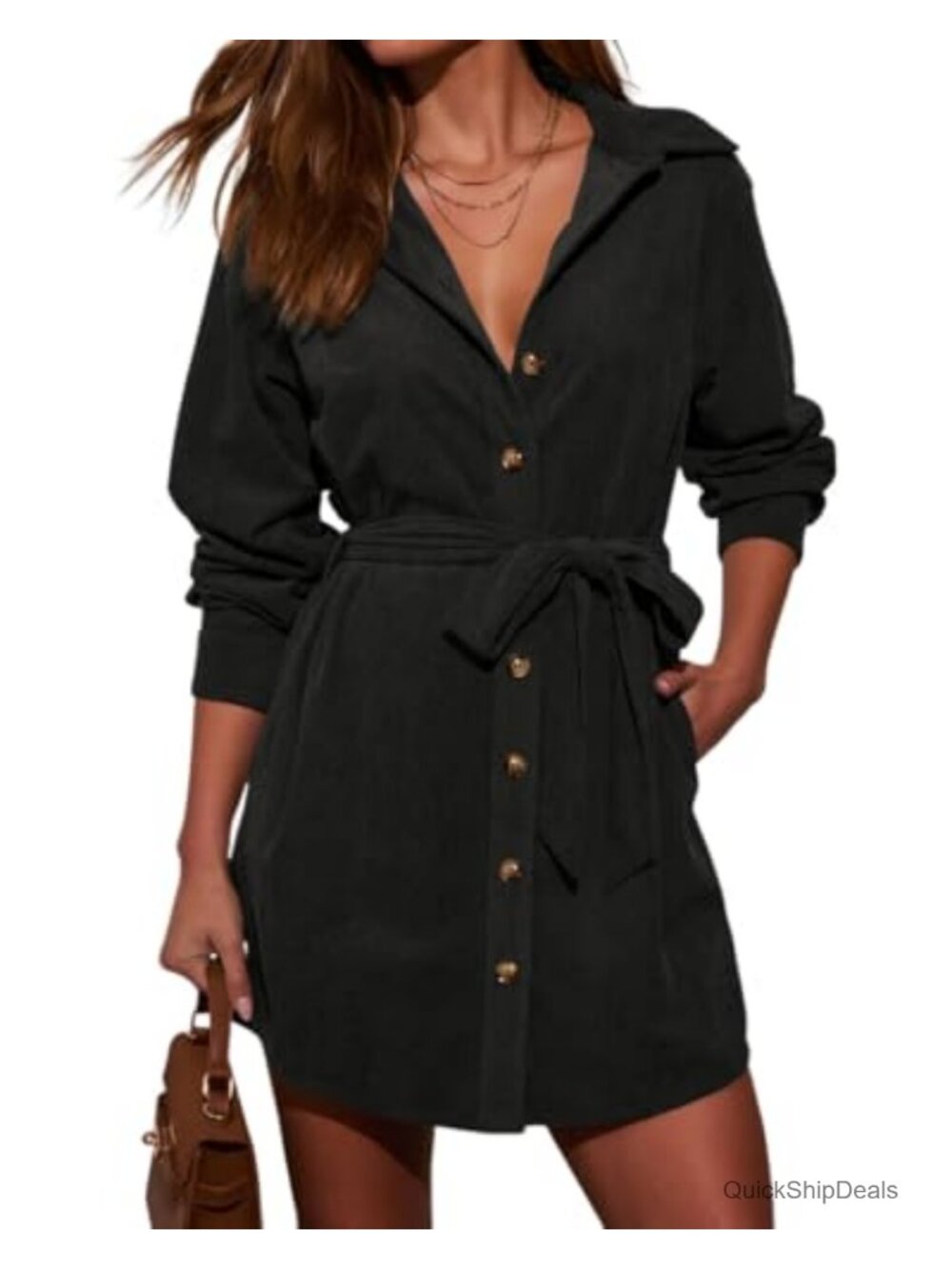 100% Cotton Corduroy Mini Shirt Dress Long Sleeve Button Down Belted with